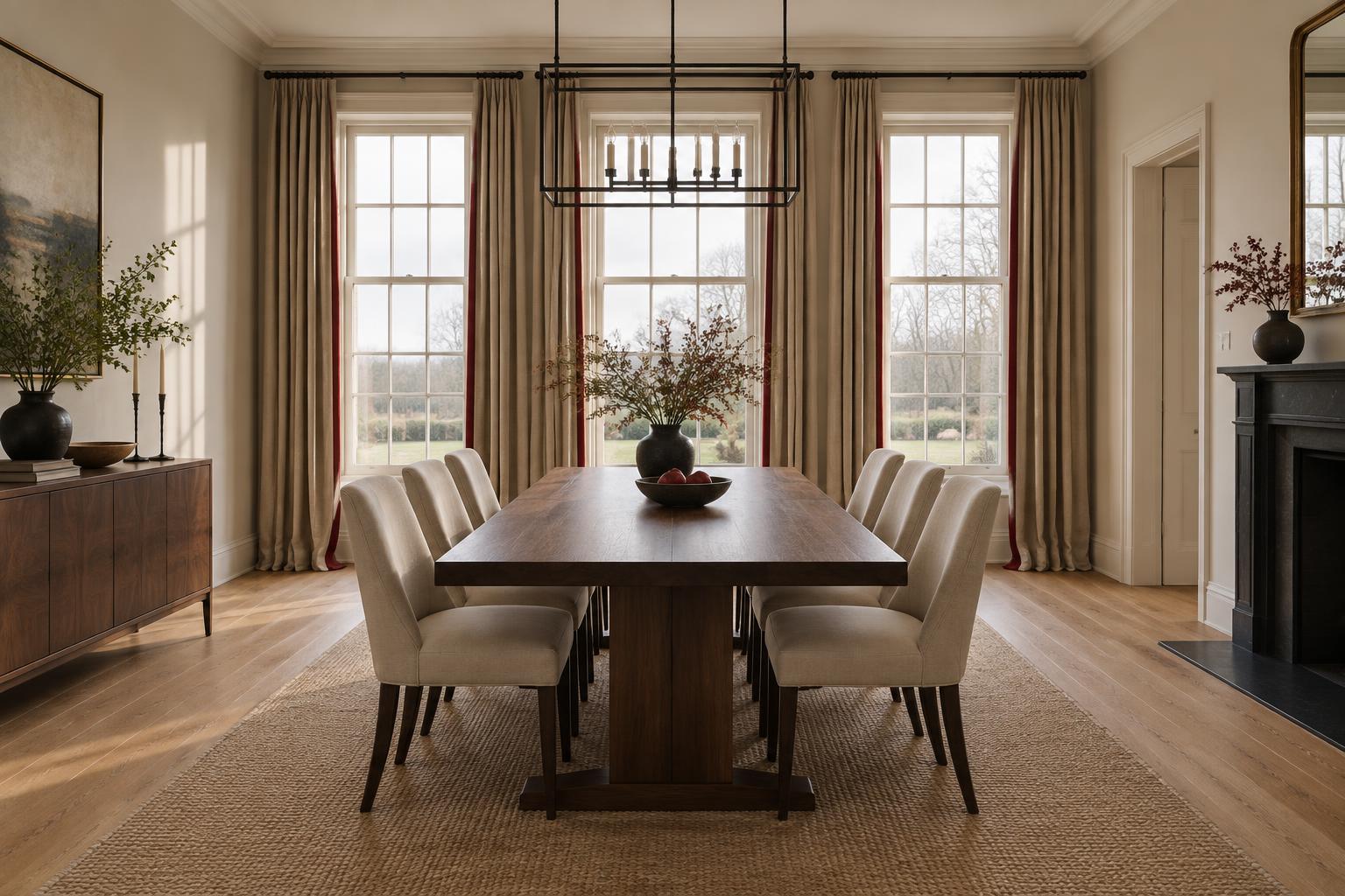 A dining room with a long walnut table and deep red lined drapery panels
