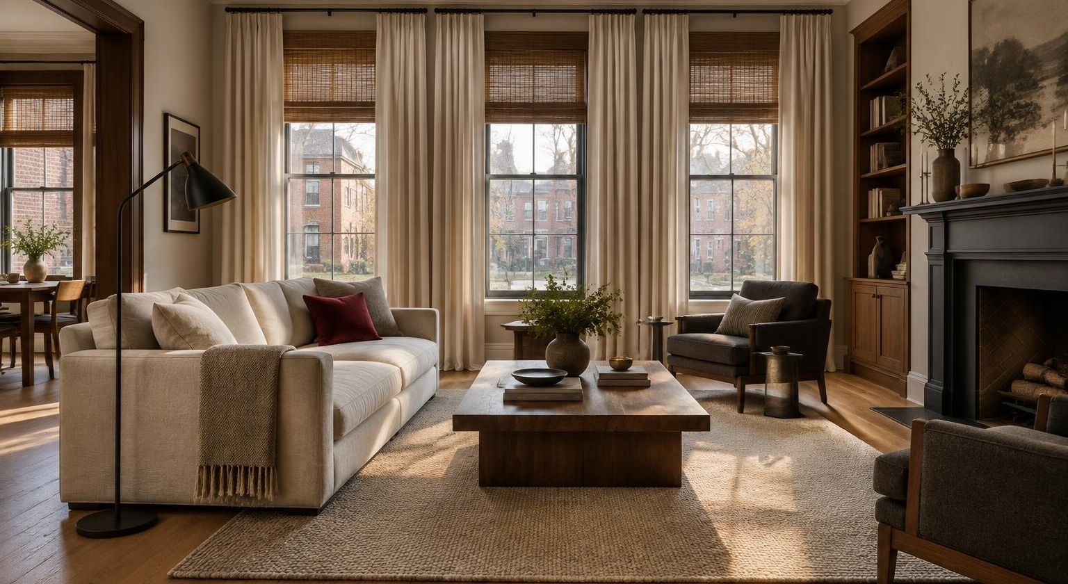 A Detroit living room with floor-length cream drapery over woven wood shades, a linen sofa and wide oak floors