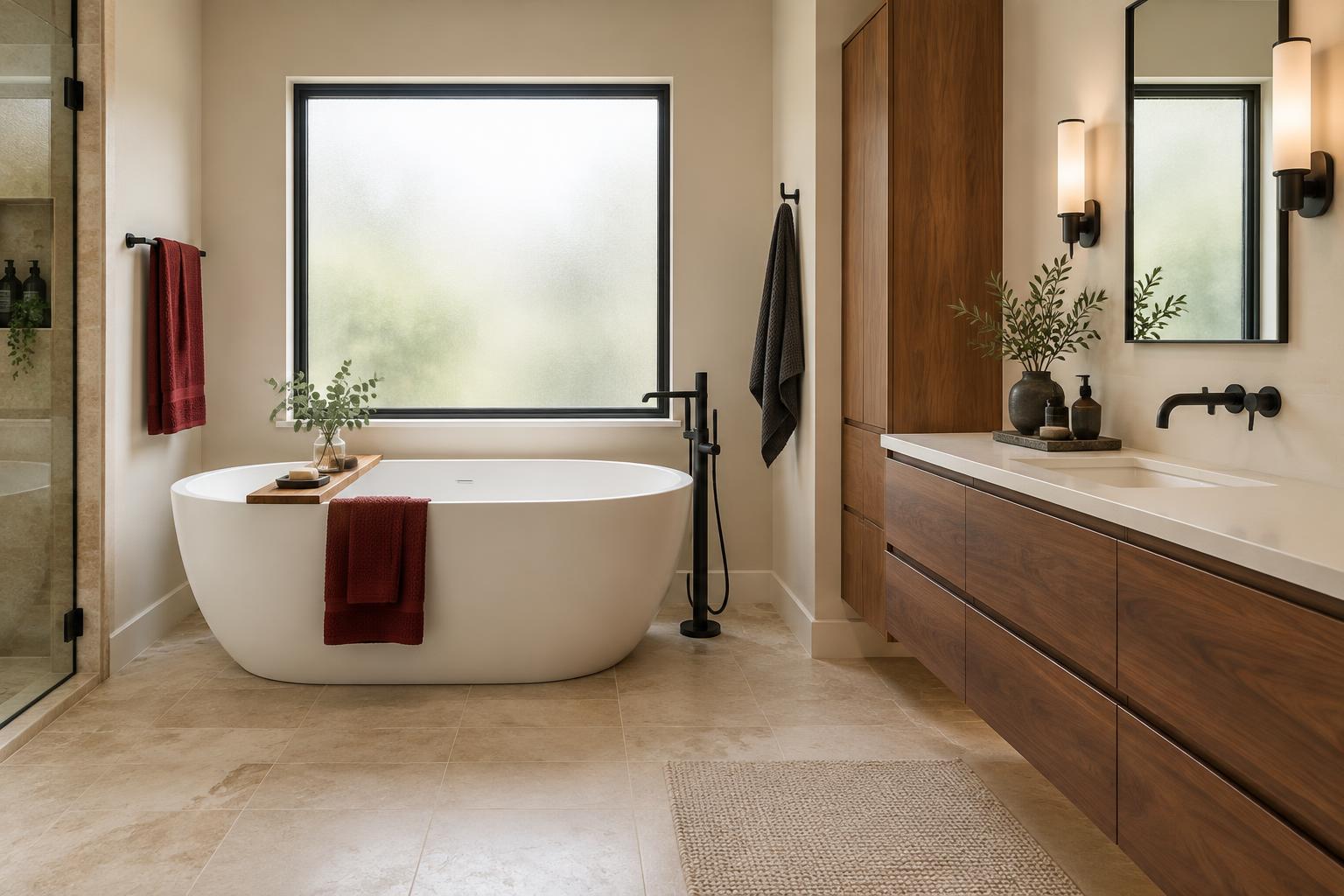A remodeled bathroom with a freestanding tub and a walnut vanity