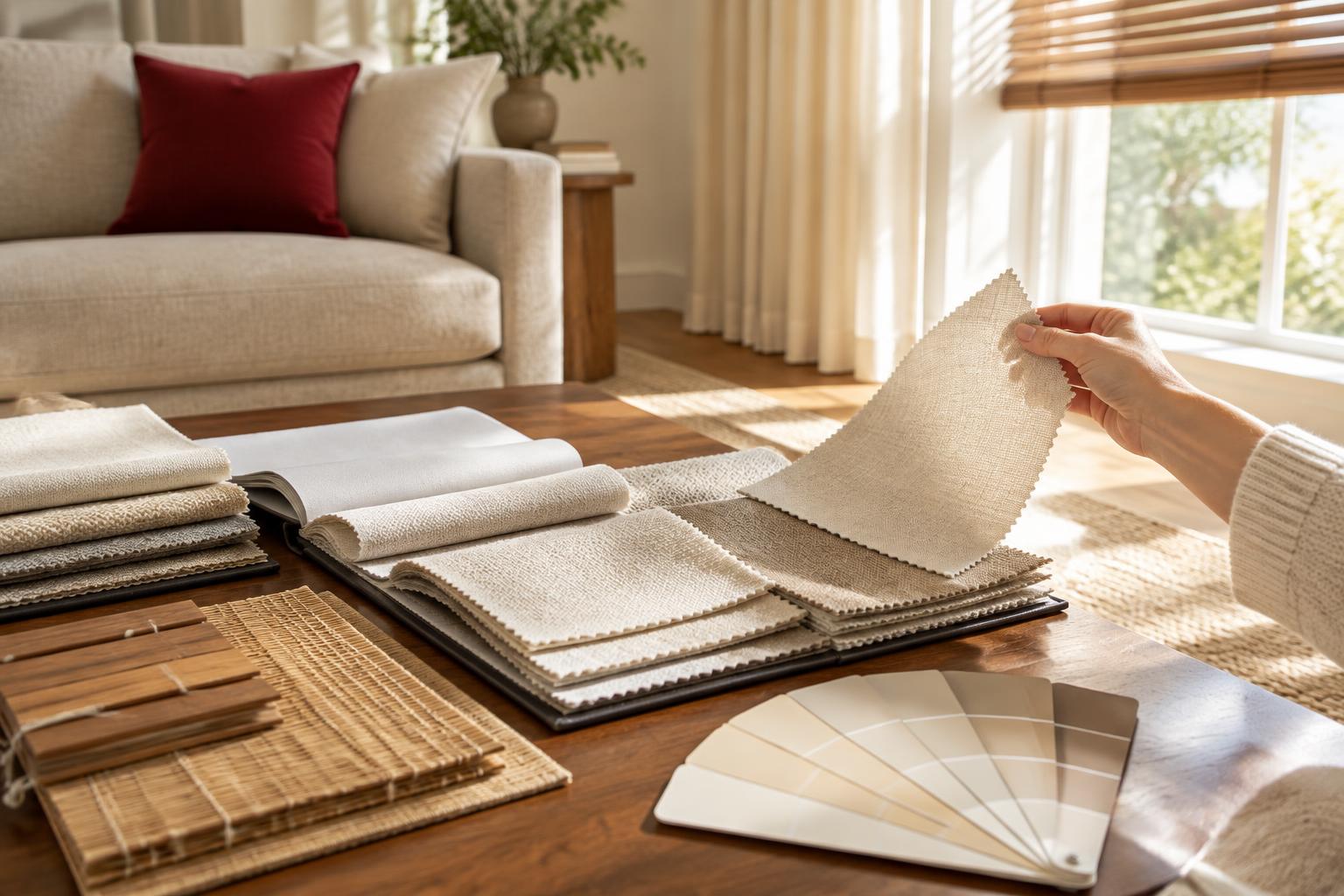 A hand holding a beige fabric swatch above a coffee table covered with fabric, wood blind and paint samples in a bright living room
