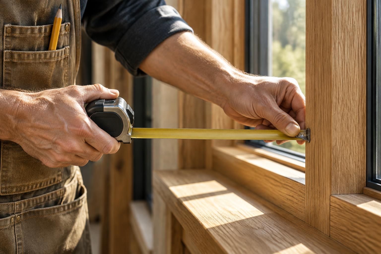 A tape measure held against a wooden window frame